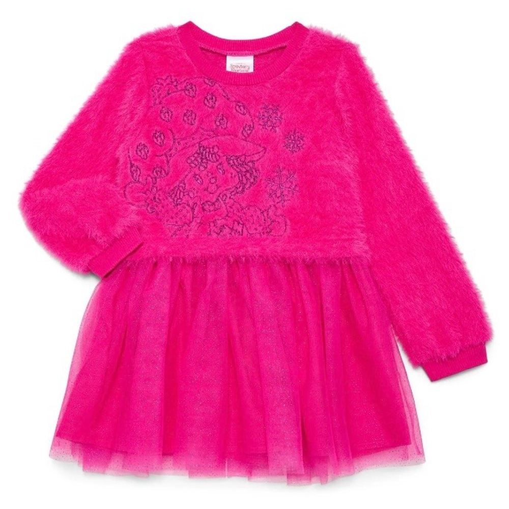 Strawberry Shortcake Toddler Girls Pink Tutu Tulle Fuzzy Long Sleeve Dress - 4T